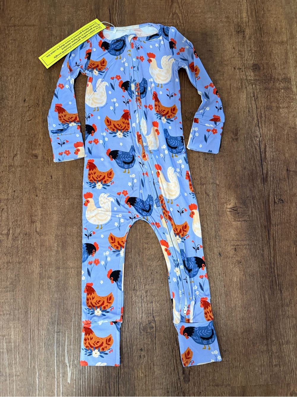 Light Blue Chicken-Print Kids One-Piece Bamboo Zipper Pajamas